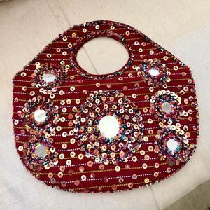 Red embroidered, beaded sequins and mirror work purse cloth clutch 10x6 inch